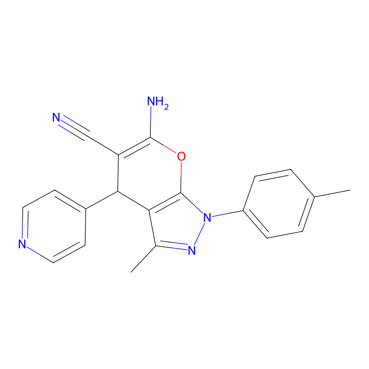 6-amino-3-methyl-1-(4-methylphenyl)-4-(pyridin-4-yl)-1H,4H-pyrano[2,3-c]pyrazole-5-carbonitrile molecular structure, CAS 340812-72-8