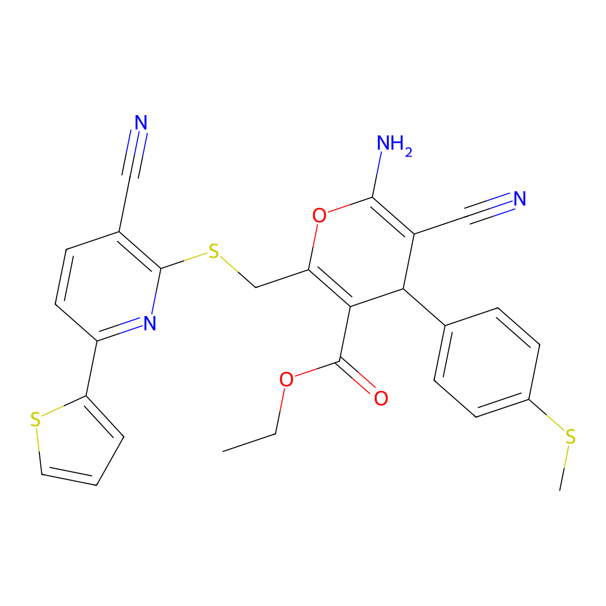 ethyl 6-amino-5-cyano-2-[(3-cyano-6-thiophen-2-ylpyridin-2-yl)sulfanylmethyl]-4-(4-methylsulfanylphenyl)-4H-pyran-3-carboxylate molecular structure, CAS 340813-47-0