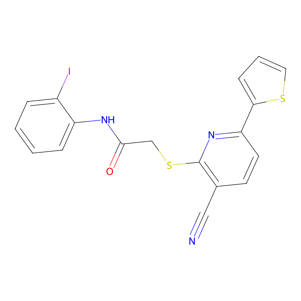 2-(3-cyano-6-thiophen-2-ylpyridin-2-yl)sulfanyl-N-(2-iodophenyl)acetamide molecular structure, CAS 340813-48-1