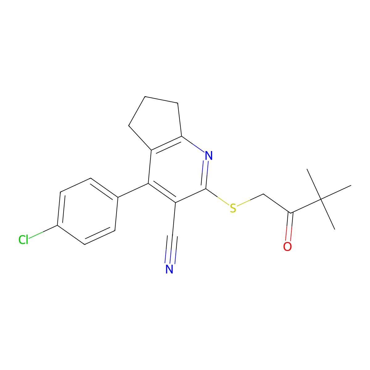 4-(4-chlorophenyl)-2-(3,3-dimethyl-2-oxobutyl)sulfanyl-6,7-dihydro-5H-cyclopenta[b]pyridine-3-carbonitrile molecular structure, CAS 340813-57-2