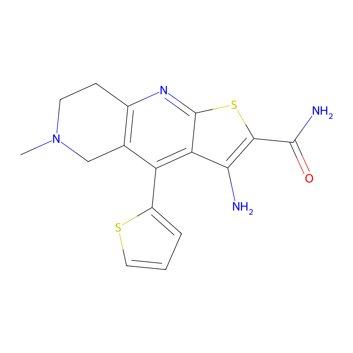 3-amino-6-methyl-4-thiophen-2-yl-7,8-dihydro-5H-thieno[2,3-b][1,6]naphthyridine-2-carboxamide molecular structure, CAS 340813-73-2