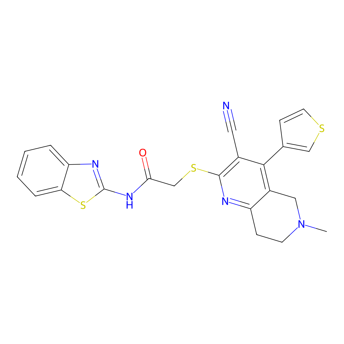 N-(1,3-benzothiazol-2-yl)-2-{[3-cyano-6-methyl-4-(3-thienyl)-5,6,7,8-tetrahydro[1,6]naphthyridin-2-yl]sulfanyl}acetamide molecular structure, CAS 340813-94-7