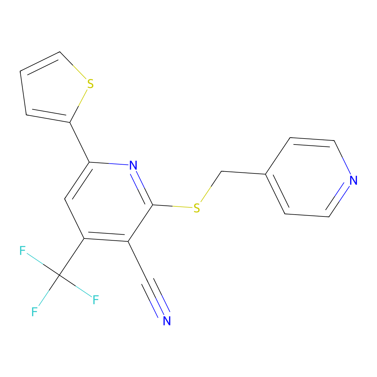 2-(Pyridin-4-ylmethylsulfanyl)-6-thiophen-2-yl-4-(trifluoromethyl)pyridine-3-carbonitrile molecular structure, CAS 340816-60-6