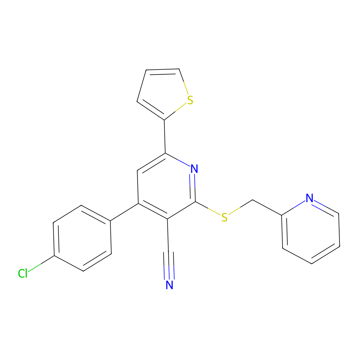 4-(4-Chlorophenyl)-2-(pyridin-2-ylmethylsulfanyl)-6-thiophen-2-ylpyridine-3-carbonitrile molecular structure, CAS 340816-79-7