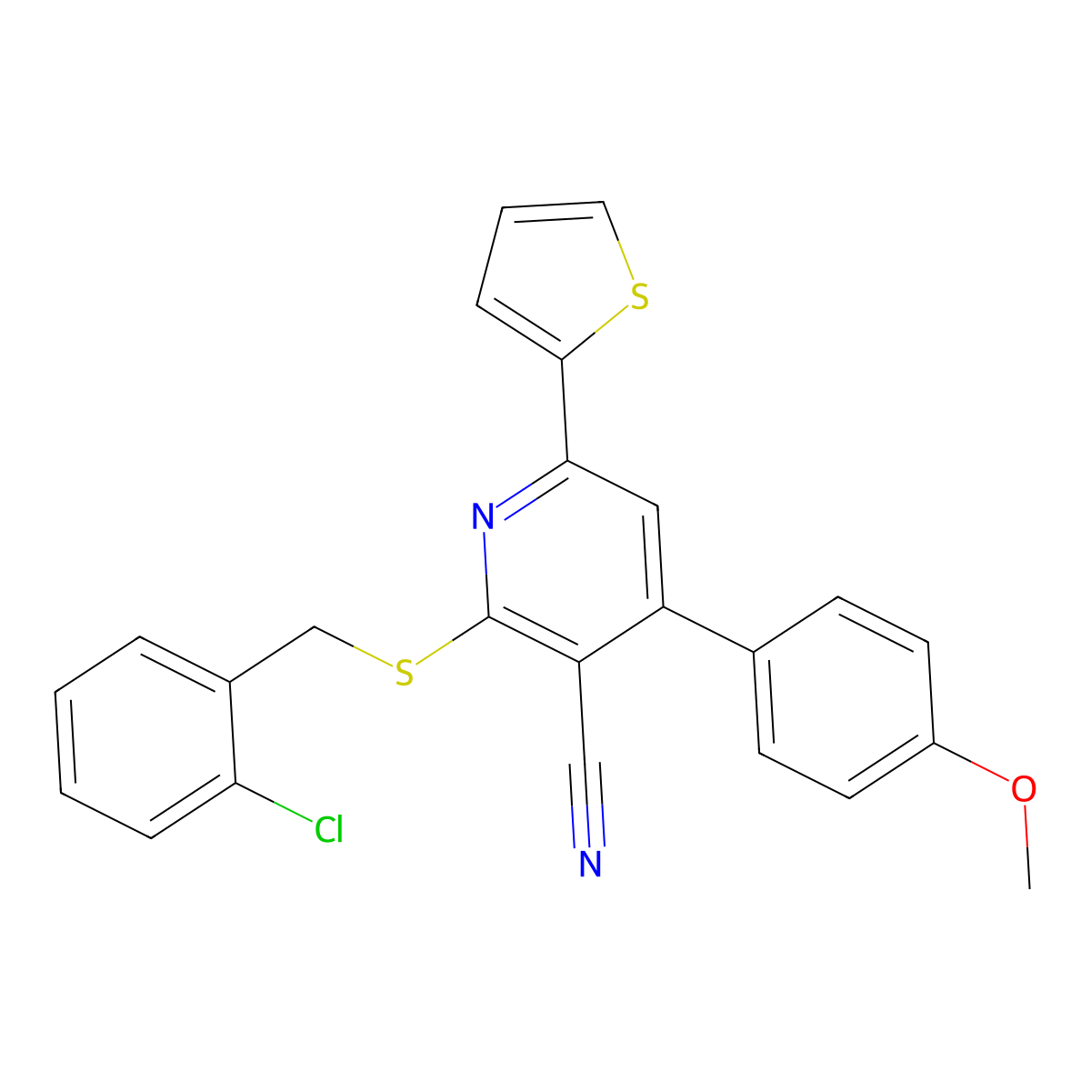 2-[(2-Chlorophenyl)methylsulfanyl]-4-(4-methoxyphenyl)-6-thiophen-2-ylpyridine-3-carbonitrile molecular structure, CAS 340817-00-7