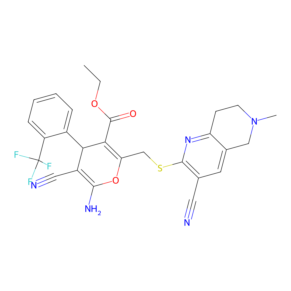 ethyl 6-amino-5-cyano-2-{[(3-cyano-6-methyl-5,6,7,8-tetrahydro-1,6-naphthyridin-2-yl)sulfanyl]methyl}-4-[2-(trifluoromethyl)phenyl]-4H-pyran-3-carboxylate molecular structure, CAS 340817-61-0