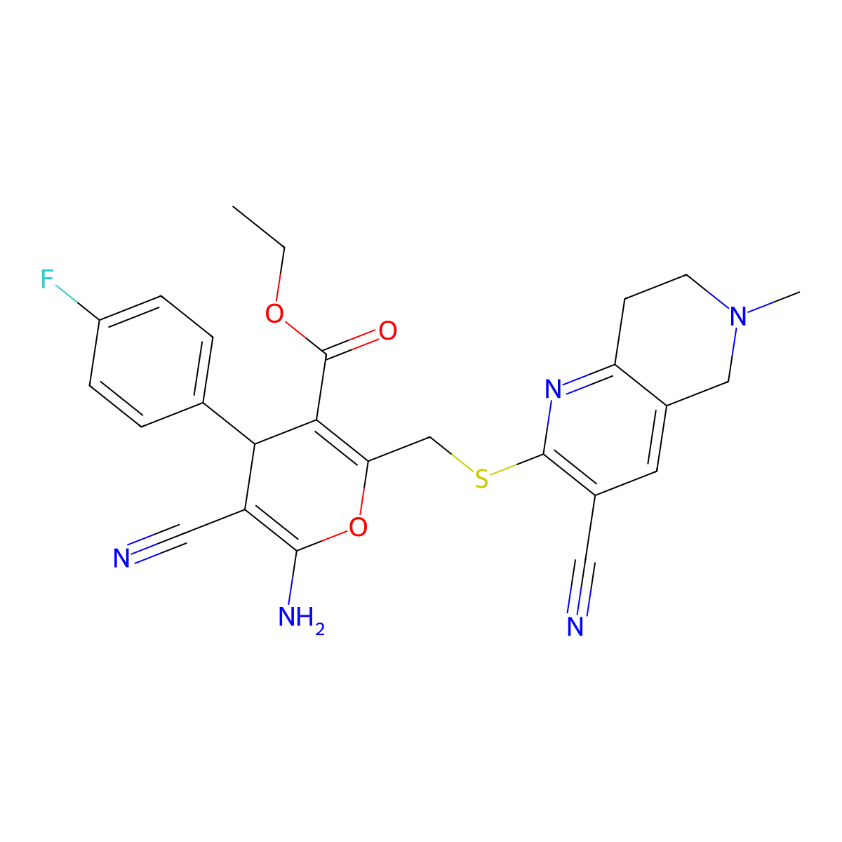 ethyl 6-amino-5-cyano-2-{[(3-cyano-6-methyl-5,6,7,8-tetrahydro-1,6-naphthyridin-2-yl)sulfanyl]methyl}-4-(4-fluorophenyl)-4H-pyran-3-carboxylate molecular structure, CAS 340817-63-2