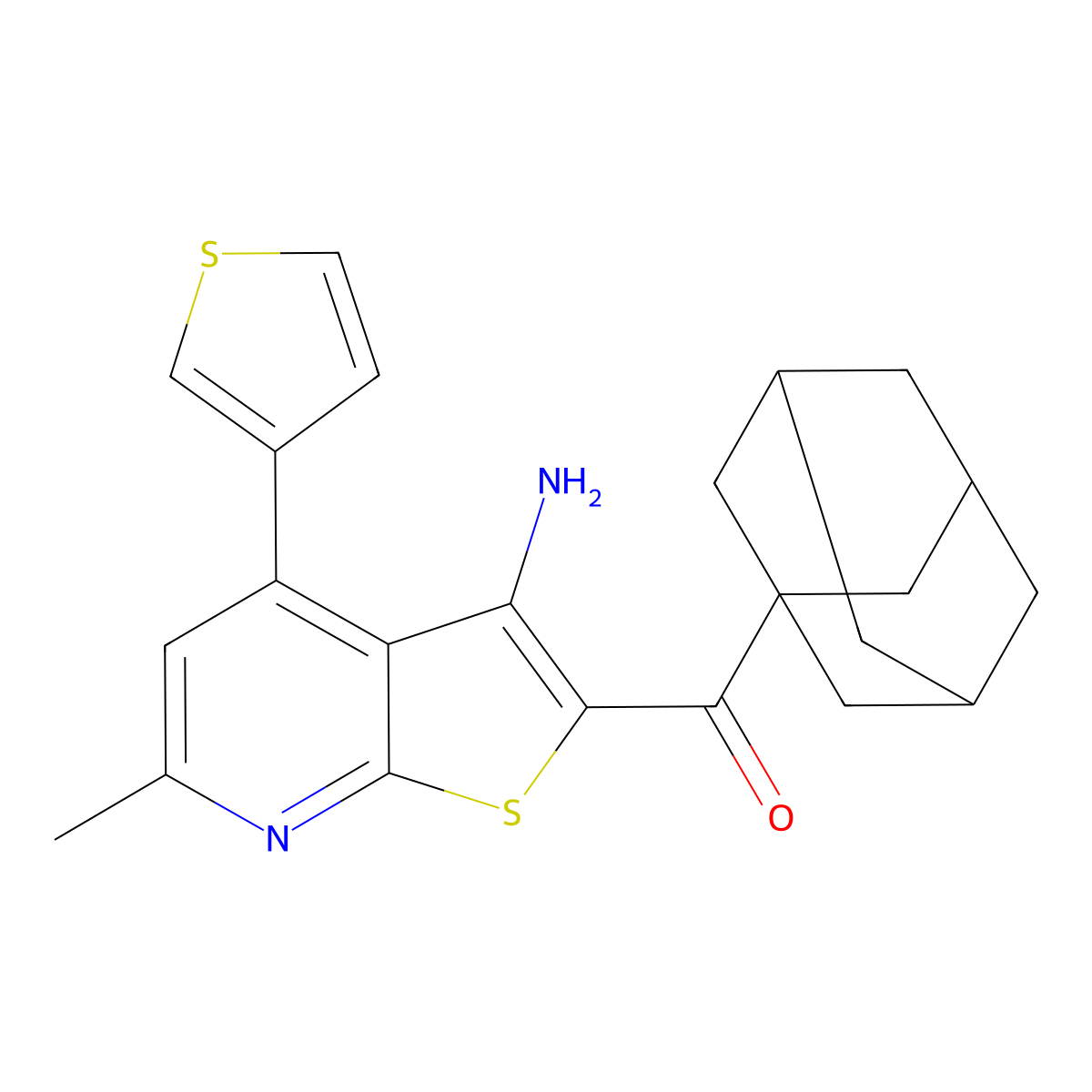1-Adamantyl-(3-amino-6-methyl-4-thiophen-3-ylthieno[2,3-b]pyridin-2-yl)methanone molecular structure, CAS 340817-78-9