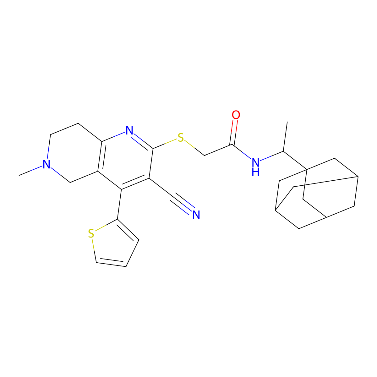 N-[1-(1-adamantyl)ethyl]-2-[(3-cyano-6-methyl-4-thiophen-2-yl-7,8-dihydro-5H-1,6-naphthyridin-2-yl)sulfanyl]acetamide molecular structure, CAS 340817-82-5