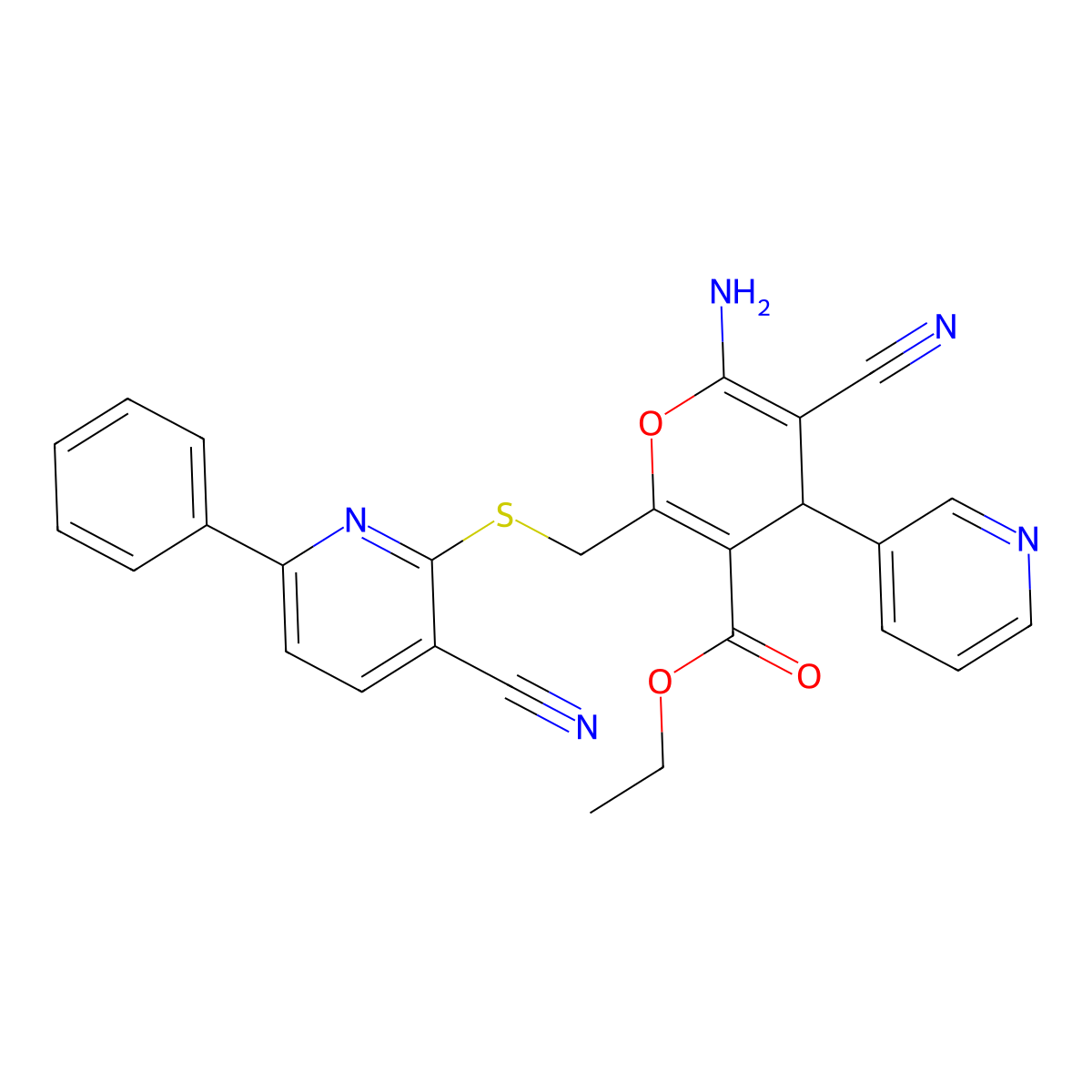 ethyl 6-amino-5-cyano-2-{[(3-cyano-6-phenylpyridin-2-yl)sulfanyl]methyl}-4-(pyridin-3-yl)-4H-pyran-3-carboxylate molecular structure, CAS 340818-10-2