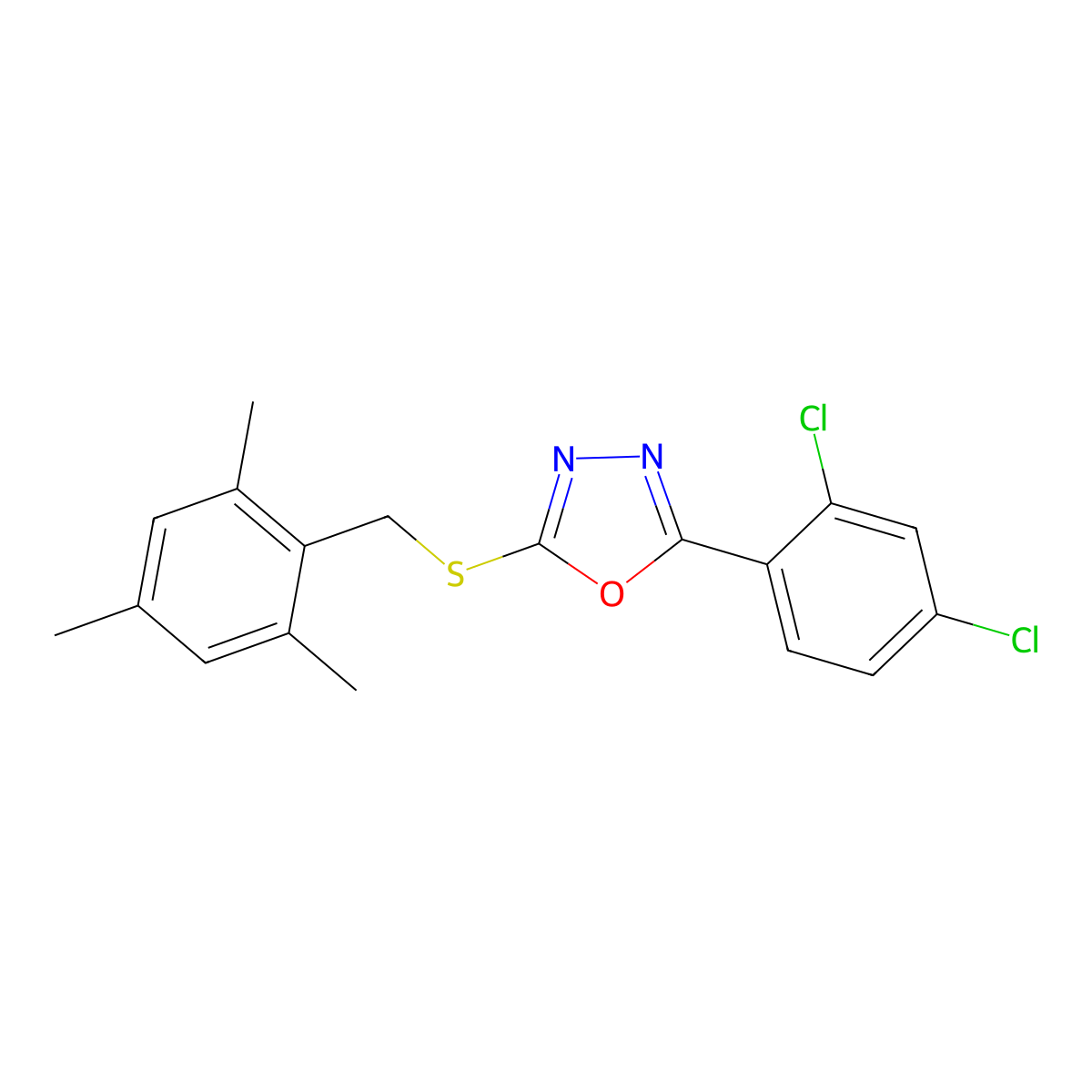 2-(2,4-Dichlorophenyl)-5-[(2,4,6-trimethylphenyl)methylsulfanyl]-1,3,4-oxadiazole molecular structure, CAS 340827-22-7