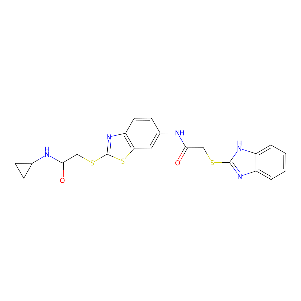 2-(1H-benzimidazol-2-ylsulfanyl)-N-[2-[2-(cyclopropylamino)-2-oxoethyl]sulfanyl-1,3-benzothiazol-6-yl]acetamide molecular structure, CAS 340969-33-7
