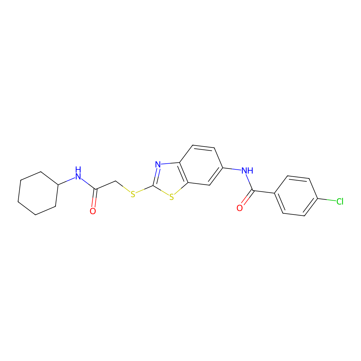 4-chloro-N-[2-[2-(cyclohexylamino)-2-oxoethyl]sulfanyl-1,3-benzothiazol-6-yl]benzamide molecular structure, CAS 340971-42-8