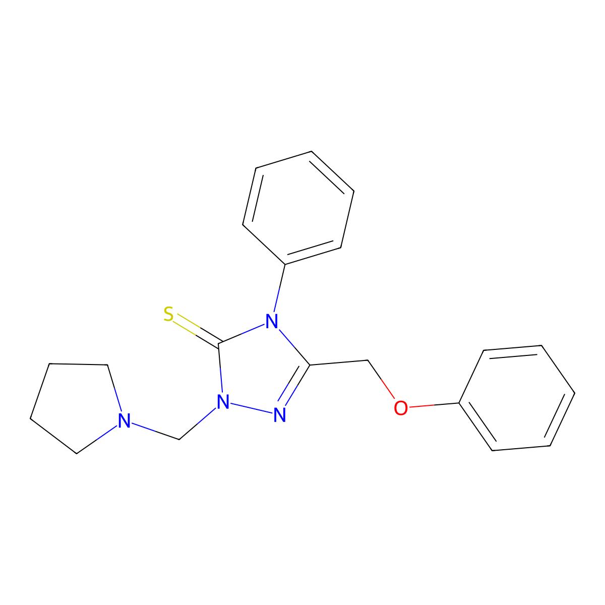 5-(phenoxymethyl)-4-phenyl-2-(pyrrolidin-1-ylmethyl)-2,4-dihydro-3H-1,2,4-triazole-3-thione molecular structure, CAS 340974-14-3