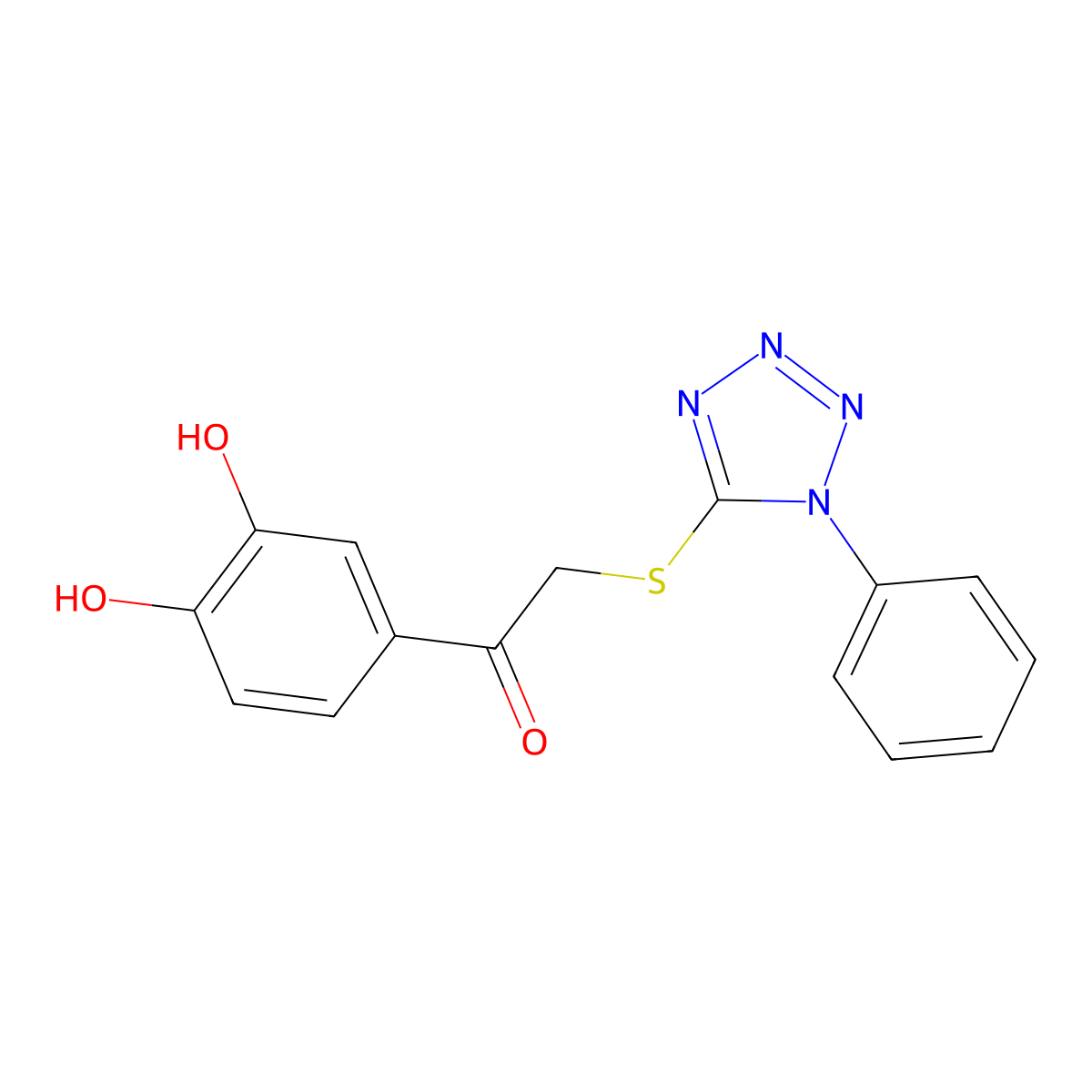 1-(3,4-Dihydroxyphenyl)-2-(1-phenyltetrazol-5-yl)sulfanylethanone molecular structure, CAS 340974-15-4