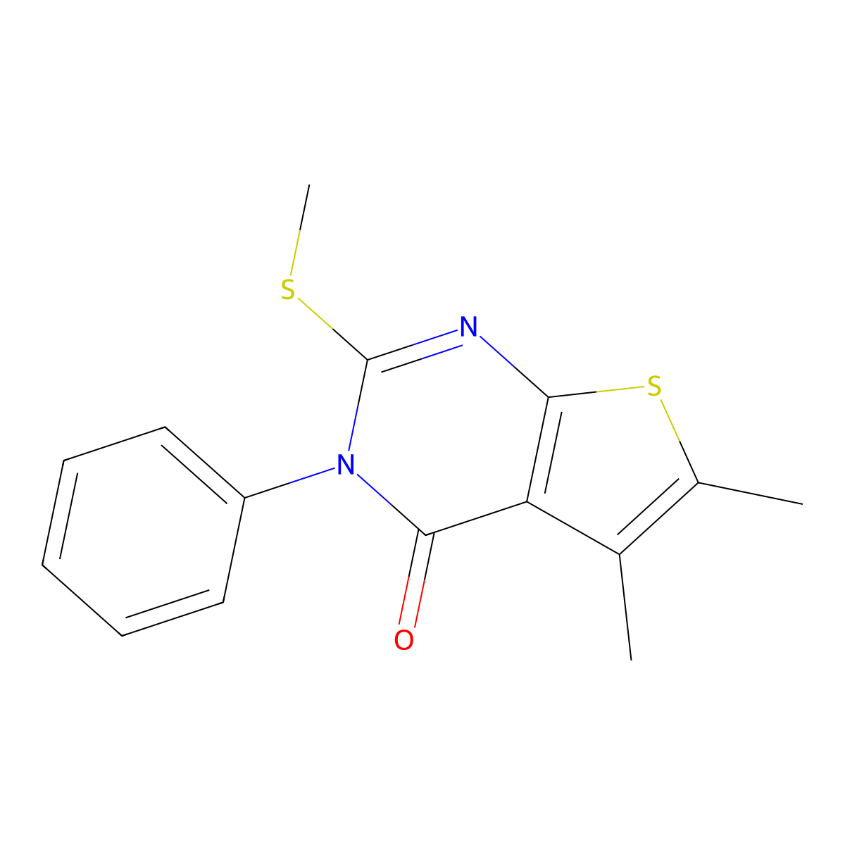 5,6-Dimethyl-2-methylsulfanyl-3-phenylthieno[2,3-d]pyrimidin-4-one molecular structure, CAS 340974-52-9