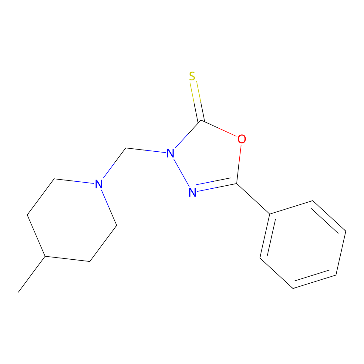 3-[(4-Methylpiperidin-1-yl)methyl]-5-phenyl-1,3,4-oxadiazole-2-thione molecular structure, CAS 340987-43-1