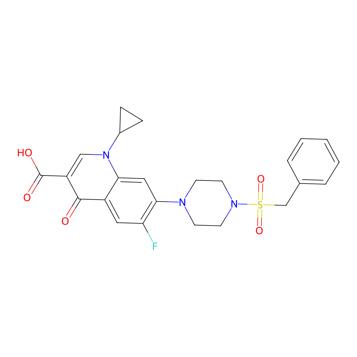 1-Cyclopropyl-6-fluoro-4-oxo-7-(4-phenylmethanesulfonylpiperazin-1-yl)-1,4-dihydroquinoline-3-carboxylic acid molecular structure, CAS 341004-32-8