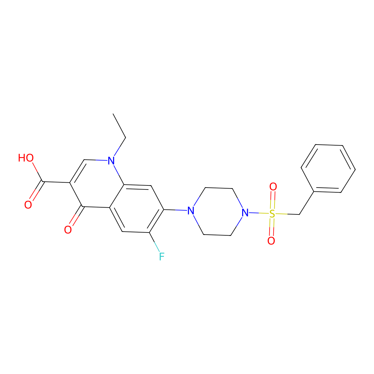 1-Ethyl-6-fluoro-4-oxo-7-(4-phenylmethanesulfonylpiperazin-1-yl)-1,4-dihydroquinoline-3-carboxylic acid molecular structure, CAS 341004-43-1