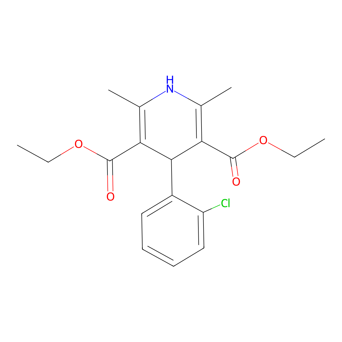 Diethyl 4-(2-chlorophenyl)-2,6-dimethyl-1,4-dihydropyridine-3,5-dicarboxylate molecular structure, CAS 34148-67-9