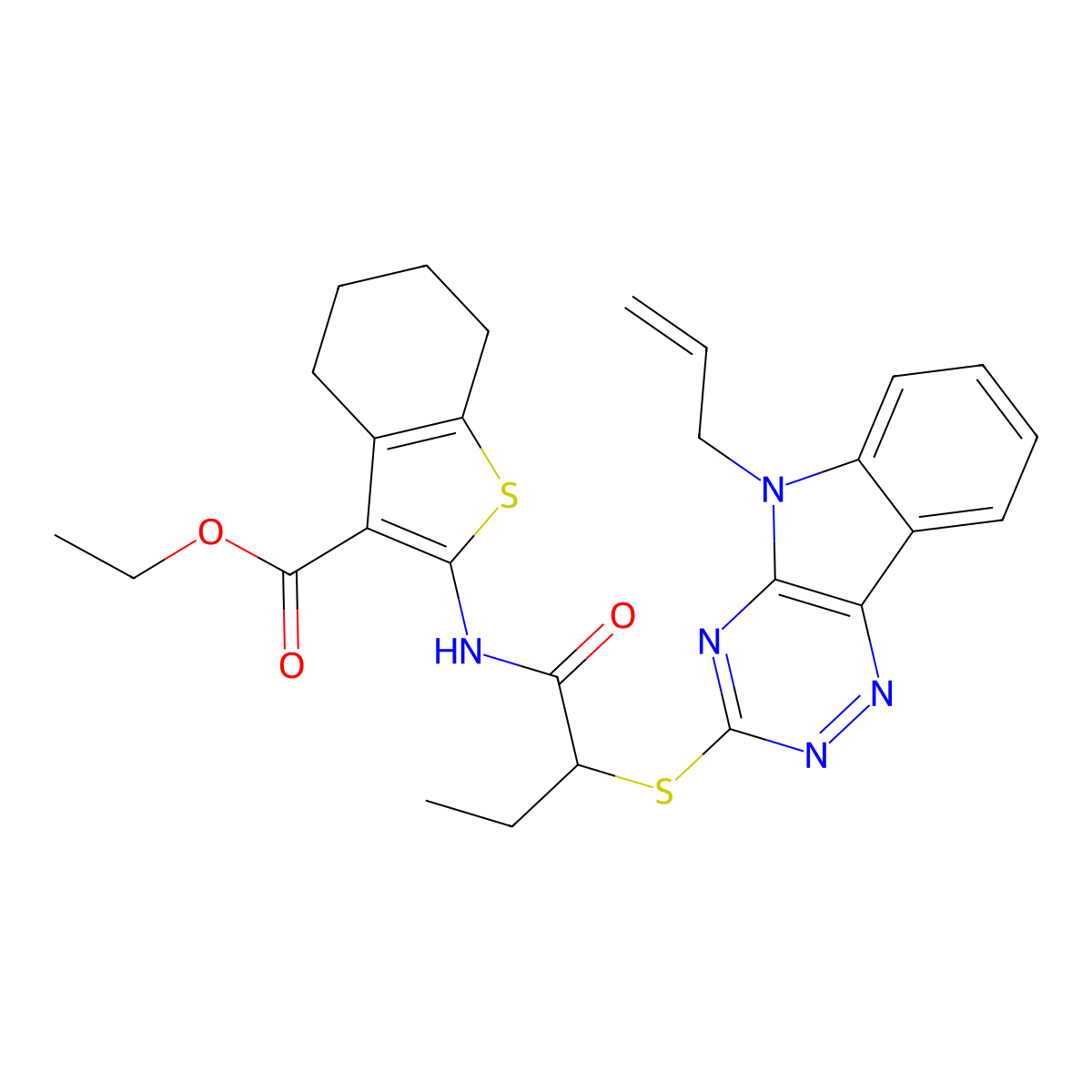 ethyl 2-[(2-{[5-(prop-2-en-1-yl)-5H-[1,2,4]triazino[5,6-b]indol-3-yl]sulfanyl}butanoyl)amino]-4,5,6,7-tetrahydro-1-benzothiophene-3-carboxylate molecular structure, CAS 341501-36-8