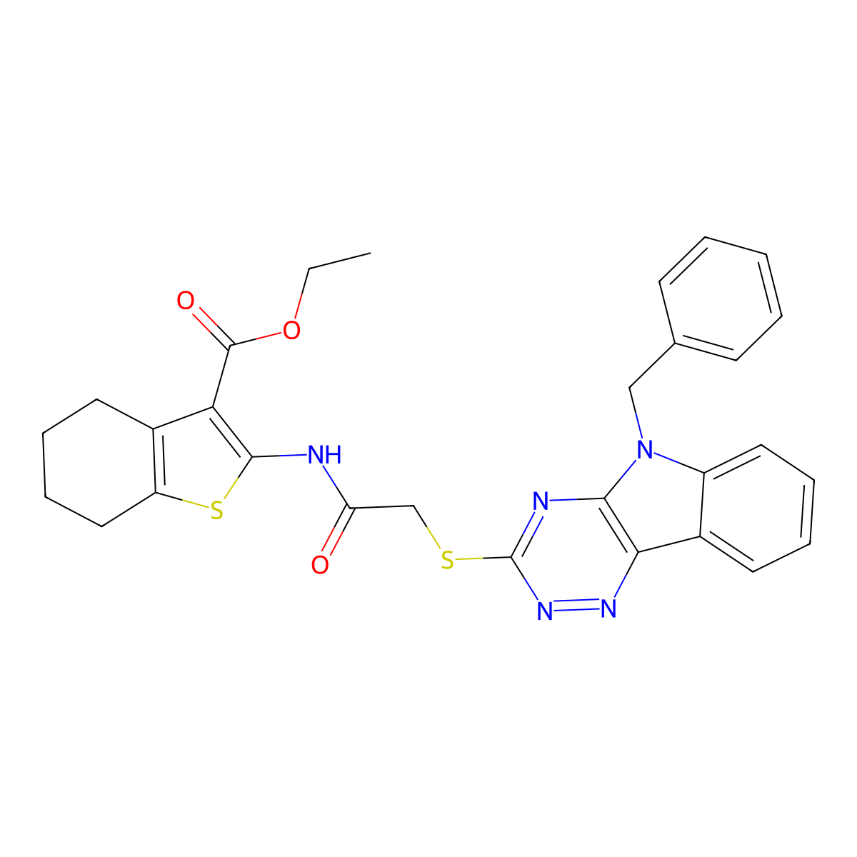 ethyl 2-({[(5-benzyl-5H-[1,2,4]triazino[5,6-b]indol-3-yl)sulfanyl]acetyl}amino)-4,5,6,7-tetrahydro-1-benzothiophene-3-carboxylate molecular structure, CAS 341501-39-1