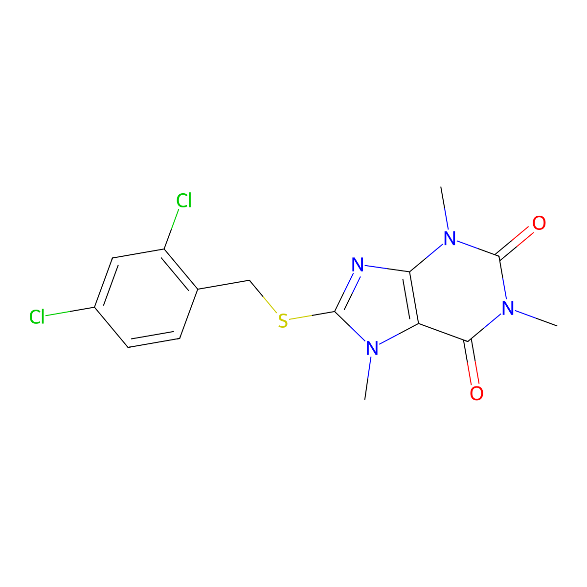 8-[(2,4-Dichlorophenyl)methylsulfanyl]-1,3,7-trimethylpurine-2,6-dione molecular structure, CAS 341952-05-4