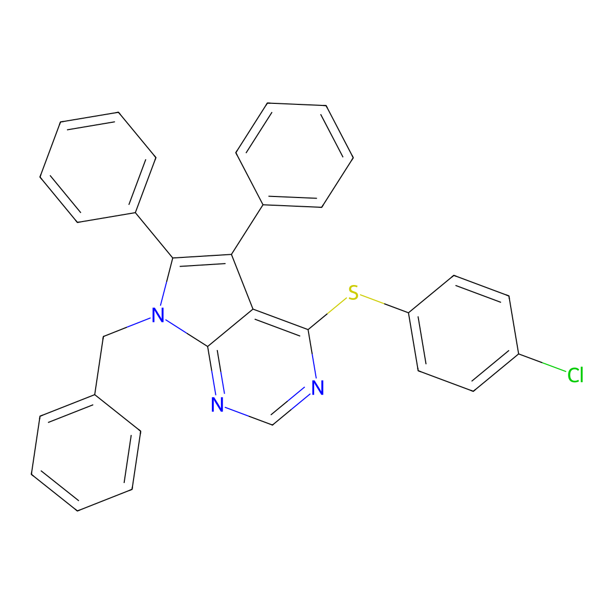 7-benzyl-4-[(4-chlorophenyl)sulfanyl]-5,6-diphenyl-7H-pyrrolo[2,3-d]pyrimidine molecular structure, CAS 341964-70-3
