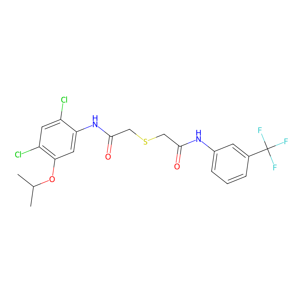 2-{[2-(2,4-dichloro-5-isopropoxyanilino)-2-oxoethyl]sulfanyl}-N-[3-(trifluoromethyl)phenyl]acetamide molecular structure, CAS 341964-74-7