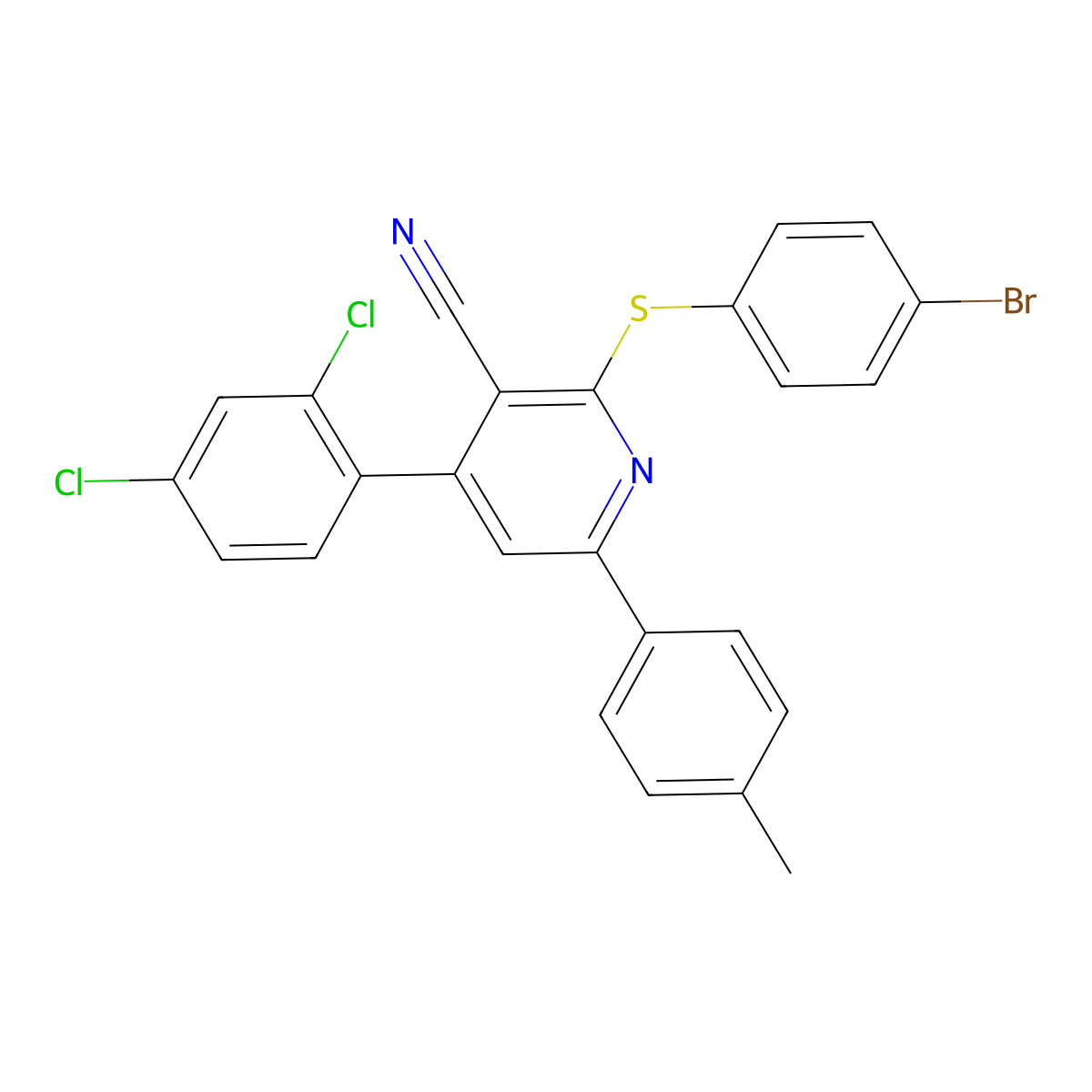 2-[(4-Bromophenyl)sulfanyl]-4-(2,4-dichlorophenyl)-6-(4-methylphenyl)nicotinonitrile molecular structure, CAS 341964-90-7