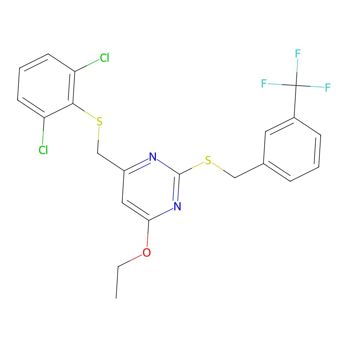 4-{[(2,6-Dichlorophenyl)sulfanyl]methyl}-6-ethoxy-2-{[3-(trifluoromethyl)benzyl]sulfanyl}pyrimidine molecular structure, CAS 341965-26-2