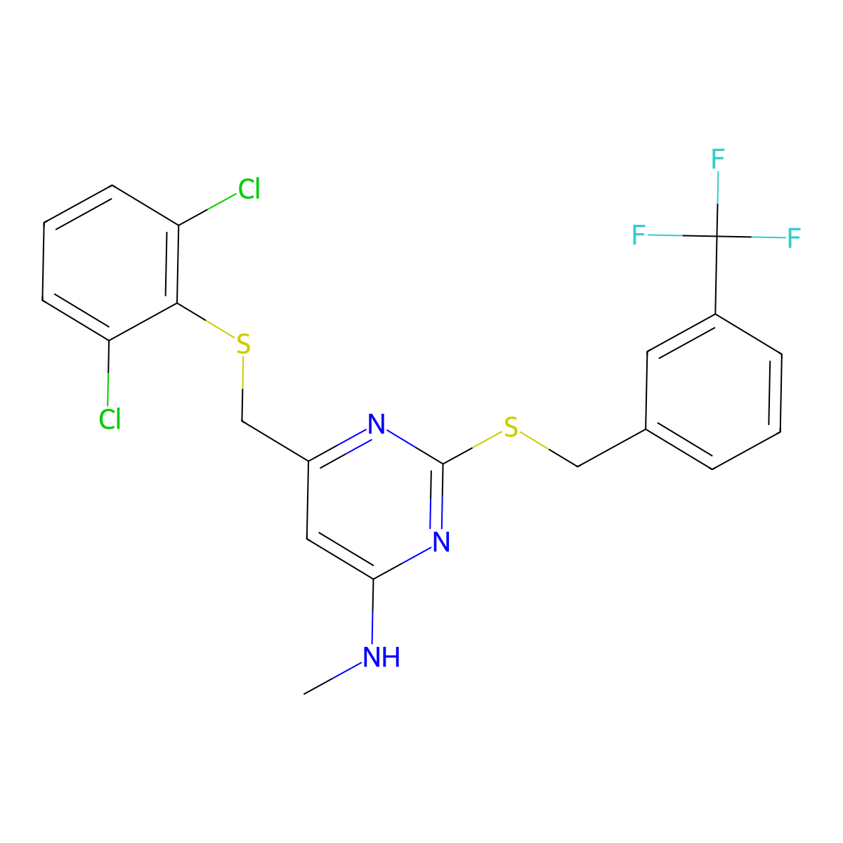 6-{[(2,6-dichlorophenyl)sulfanyl]methyl}-N-methyl-2-{[3-(trifluoromethyl)benzyl]sulfanyl}-4-pyrimidinamine molecular structure, CAS 341965-28-4