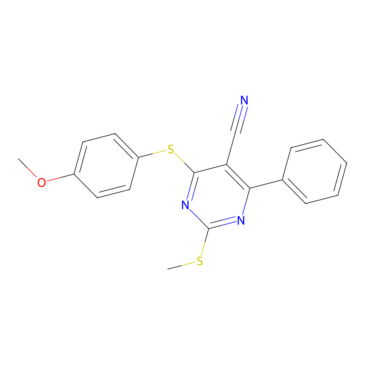 4-[(4-Methoxyphenyl)sulfanyl]-2-(methylsulfanyl)-6-phenyl-5-pyrimidinecarbonitrile molecular structure, CAS 341965-36-4
