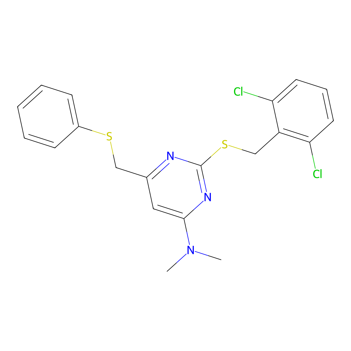 2-[(2,6-dichlorobenzyl)sulfanyl]-N,N-dimethyl-6-[(phenylsulfanyl)methyl]-4-pyrimidinamine molecular structure, CAS 341965-38-6