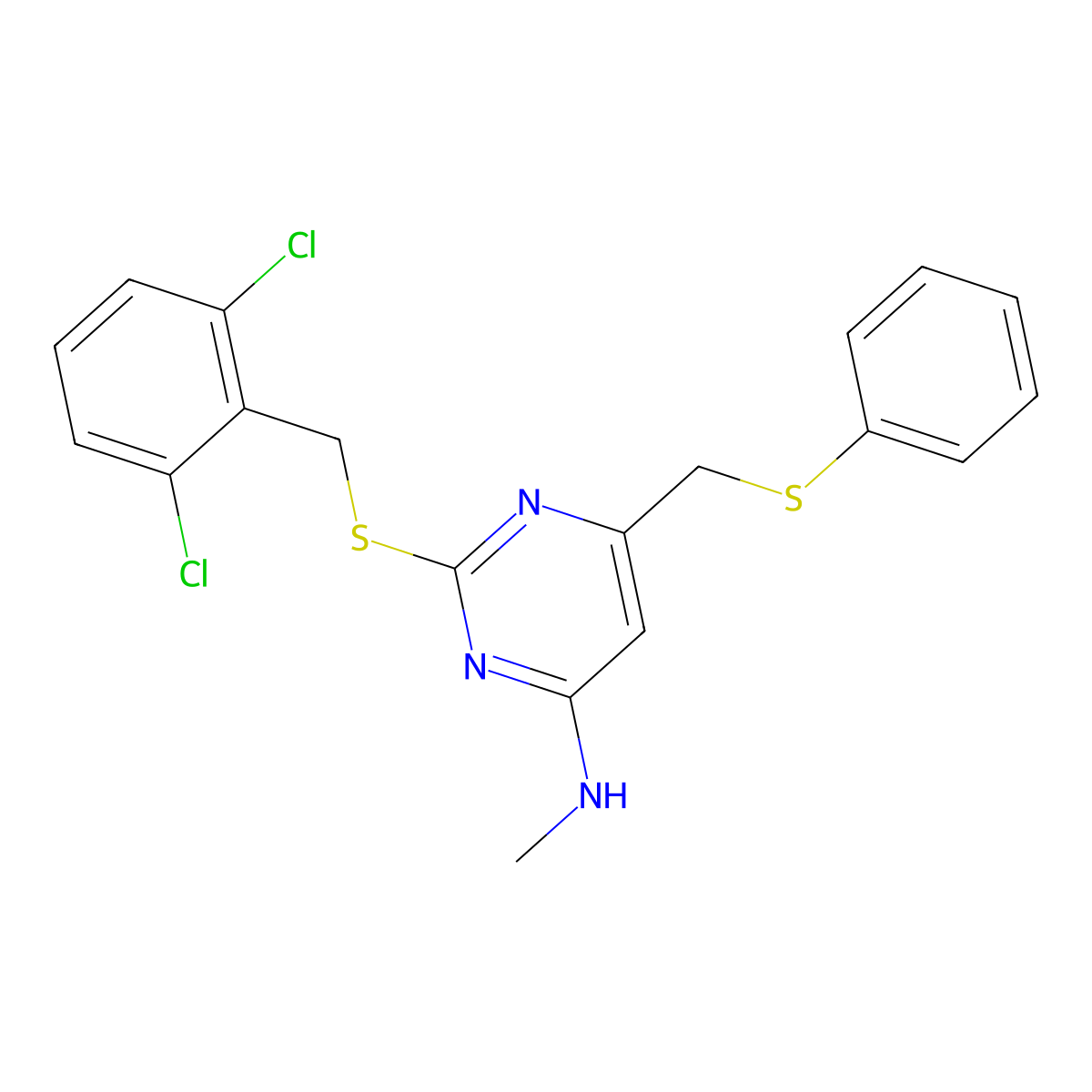 2-[(2,6-dichlorophenyl)methylsulfanyl]-N-methyl-6-(phenylsulfanylmethyl)pyrimidin-4-amine molecular structure, CAS 341965-39-7