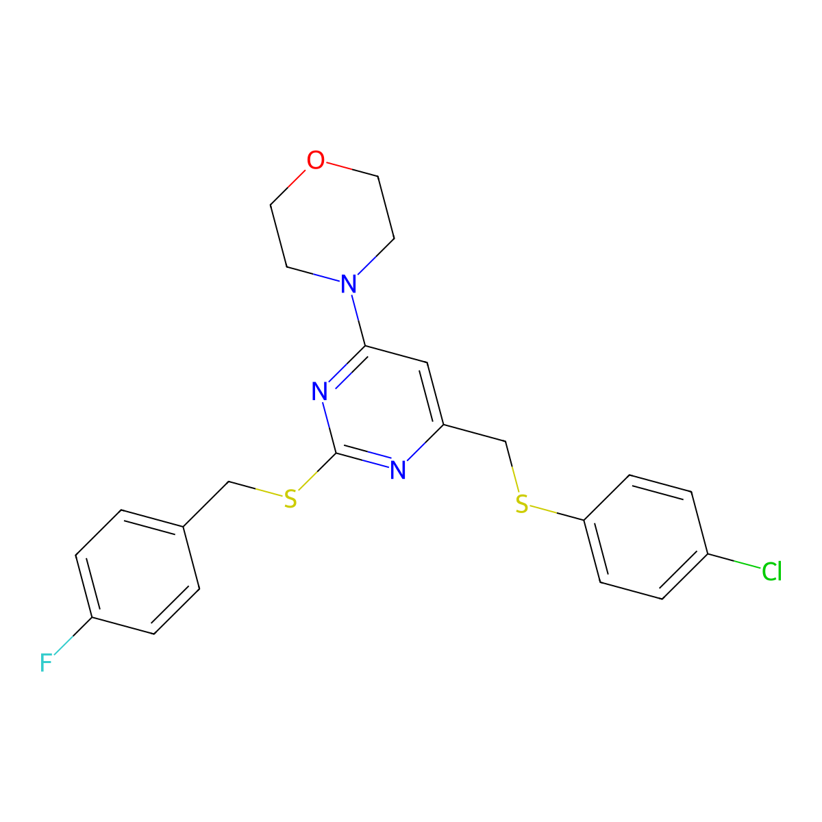 4-{6-{[(4-Chlorophenyl)sulfanyl]methyl}-2-[(4-fluorobenzyl)sulfanyl]-4-pyrimidinyl}morpholine molecular structure, CAS 341965-47-7