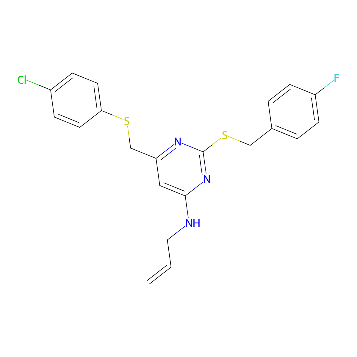 N-allyl-6-{[(4-chlorophenyl)sulfanyl]methyl}-2-[(4-fluorobenzyl)sulfanyl]-4-pyrimidinamine molecular structure, CAS 341965-48-8