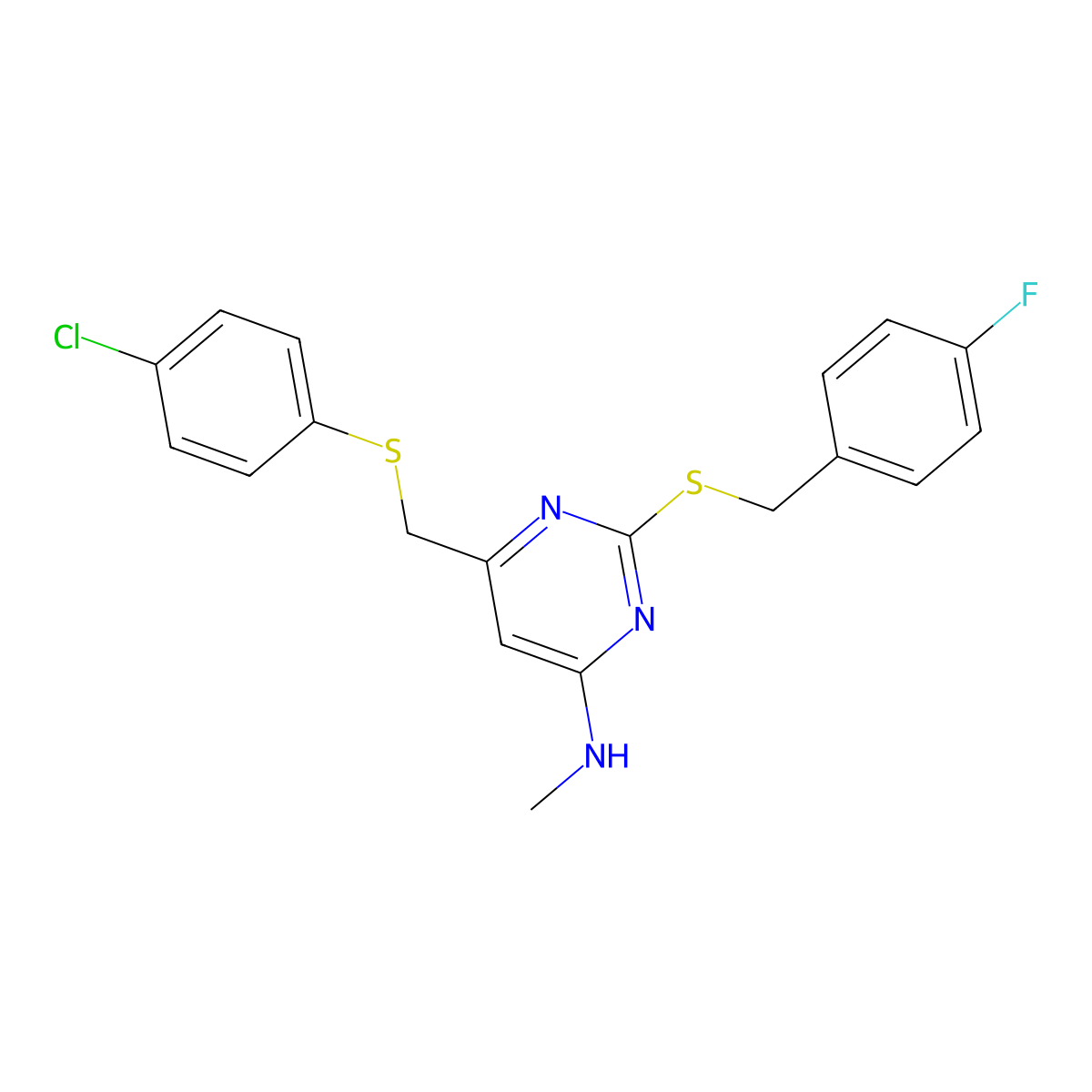 N-{6-{[(4-chlorophenyl)sulfanyl]methyl}-2-[(4-fluorobenzyl)sulfanyl]-4-pyrimidinyl}-N-methylamine molecular structure, CAS 341965-49-9
