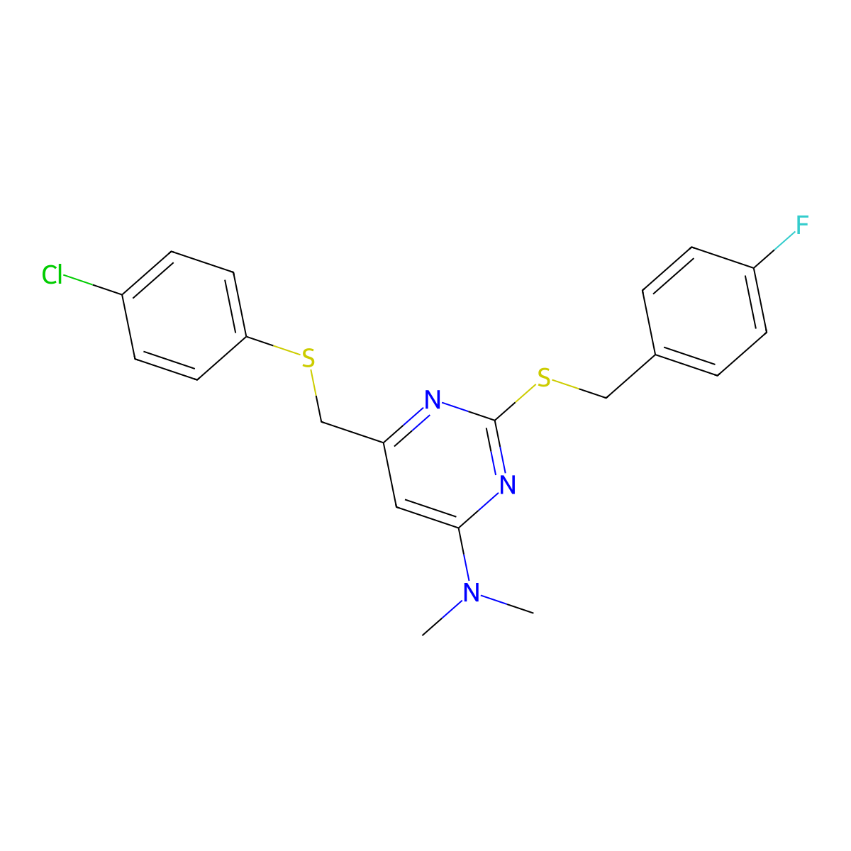 N-{6-{[(4-chlorophenyl)sulfanyl]methyl}-2-[(4-fluorobenzyl)sulfanyl]-4-pyrimidinyl}-N,N-dimethylamine molecular structure, CAS 341965-50-2