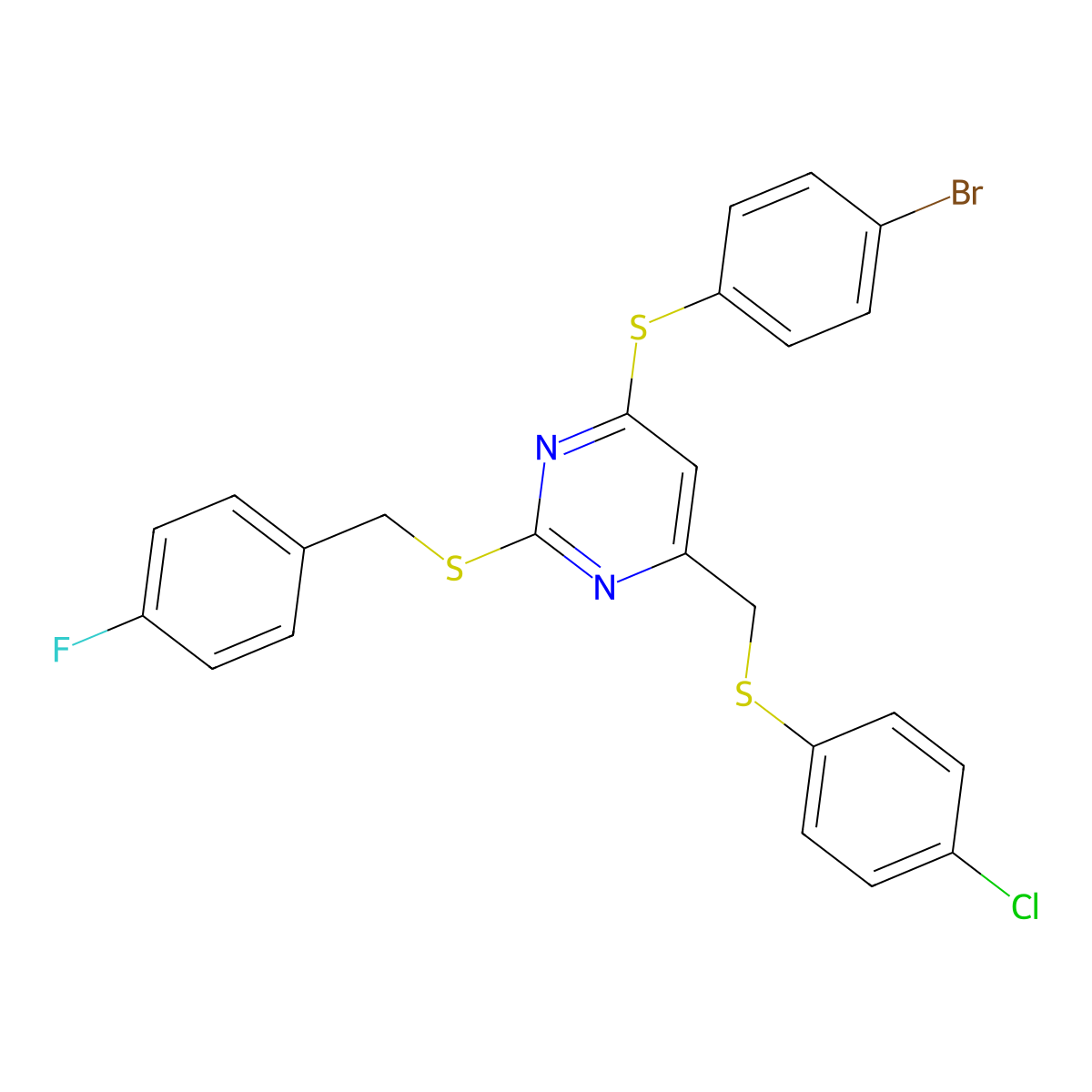 4-[(4-Bromophenyl)sulfanyl]-6-{[(4-chlorophenyl)sulfanyl]methyl}-2-[(4-fluorobenzyl)sulfanyl]pyrimidine molecular structure, CAS 341965-51-3
