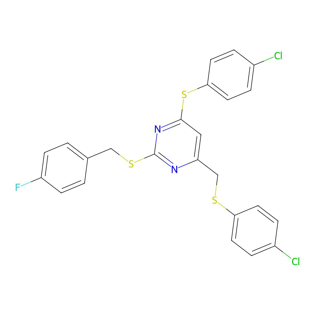 4-[(4-Chlorophenyl)sulfanyl]-6-{[(4-chlorophenyl)sulfanyl]methyl}-2-{[(4-fluorophenyl)methyl]sulfanyl}pyrimidine molecular structure, CAS 341965-52-4