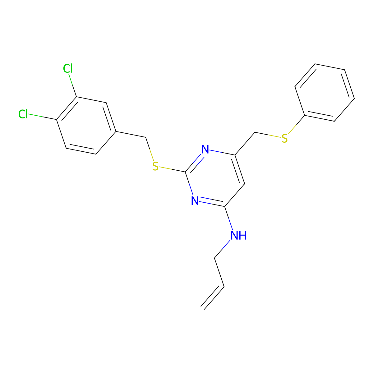 N-allyl-2-[(3,4-dichlorobenzyl)sulfanyl]-6-[(phenylsulfanyl)methyl]-4-pyrimidinamine molecular structure, CAS 341965-54-6
