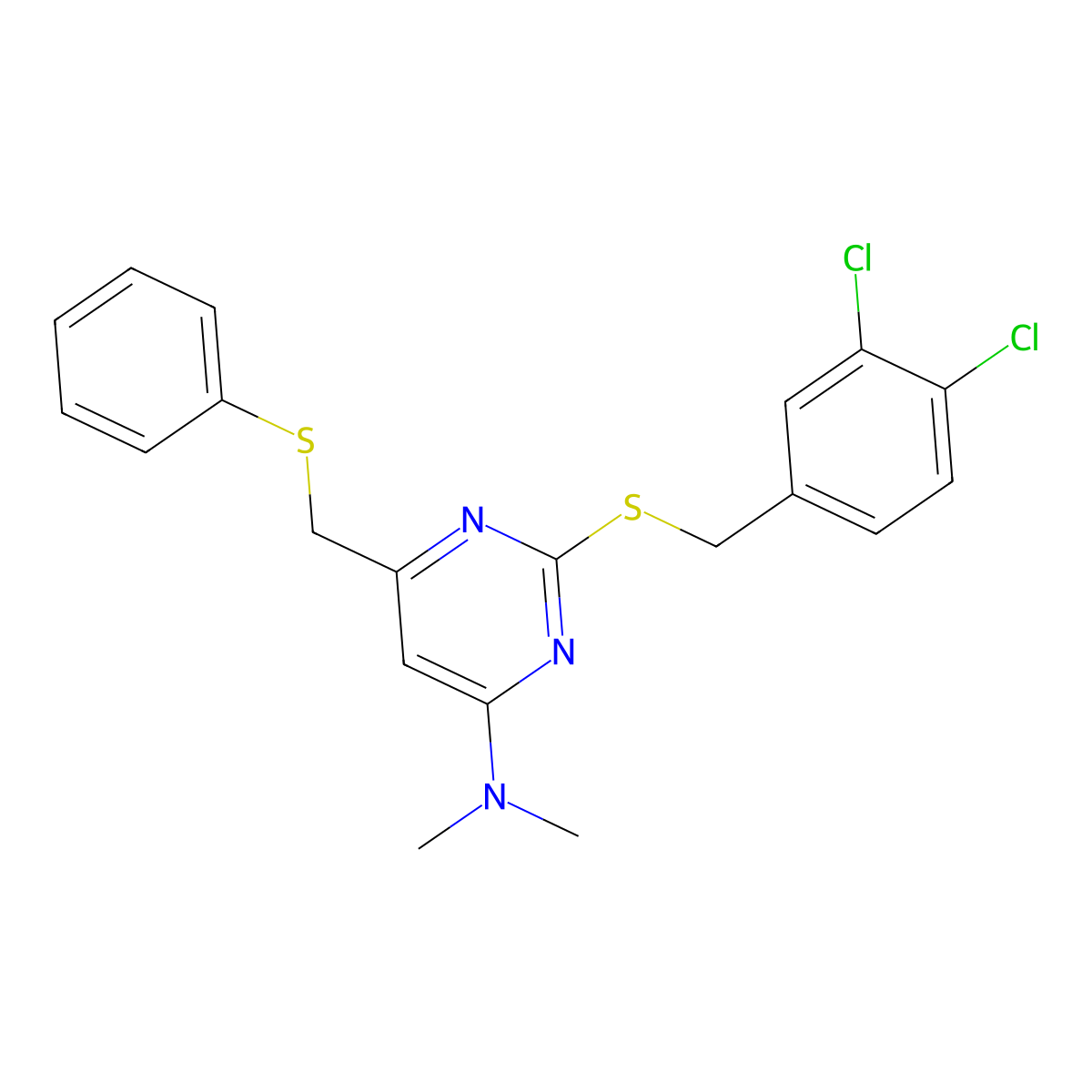 2-[(3,4-dichlorophenyl)methylsulfanyl]-N,N-dimethyl-6-(phenylsulfanylmethyl)pyrimidin-4-amine molecular structure, CAS 341965-55-7