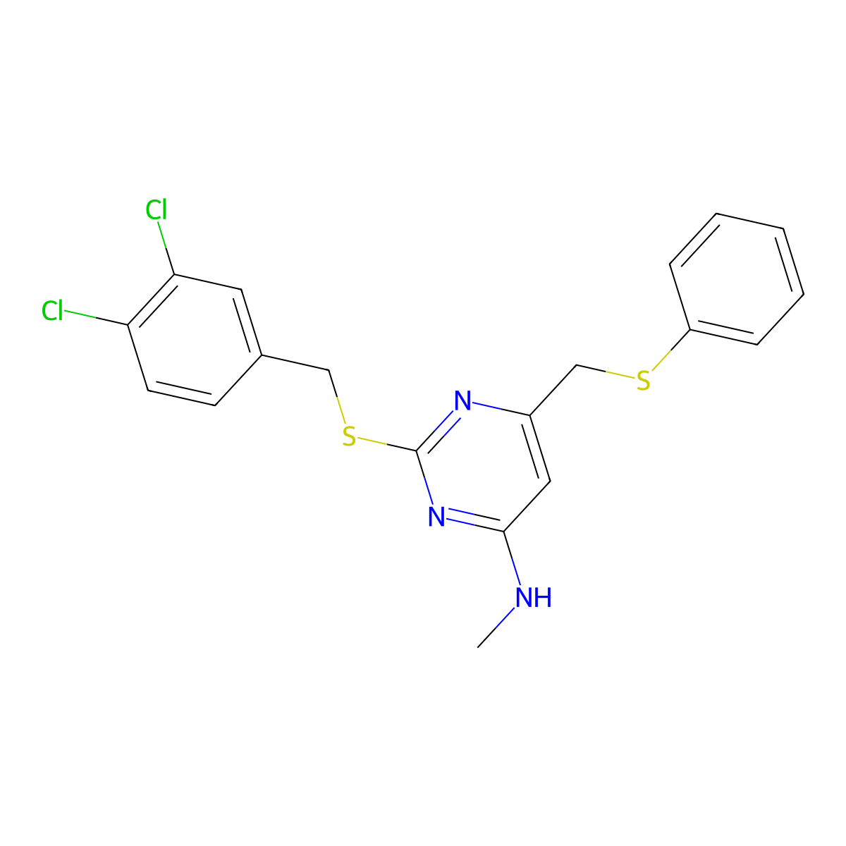 2-[(3,4-dichlorophenyl)methylsulfanyl]-N-methyl-6-(phenylsulfanylmethyl)pyrimidin-4-amine molecular structure, CAS 341965-56-8