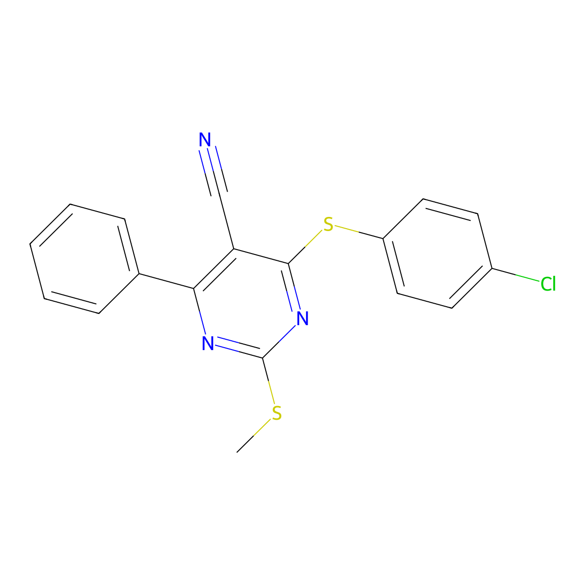 4-[(4-Chlorophenyl)sulfanyl]-2-(methylsulfanyl)-6-phenyl-5-pyrimidinecarbonitrile molecular structure, CAS 341965-68-2