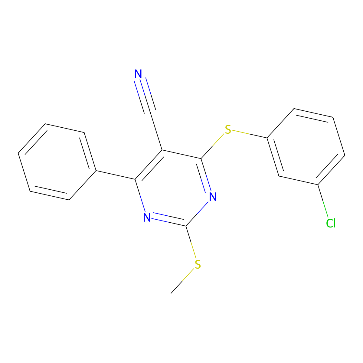 4-[(3-Chlorophenyl)sulfanyl]-2-(methylsulfanyl)-6-phenyl-5-pyrimidinecarbonitrile molecular structure, CAS 341965-69-3