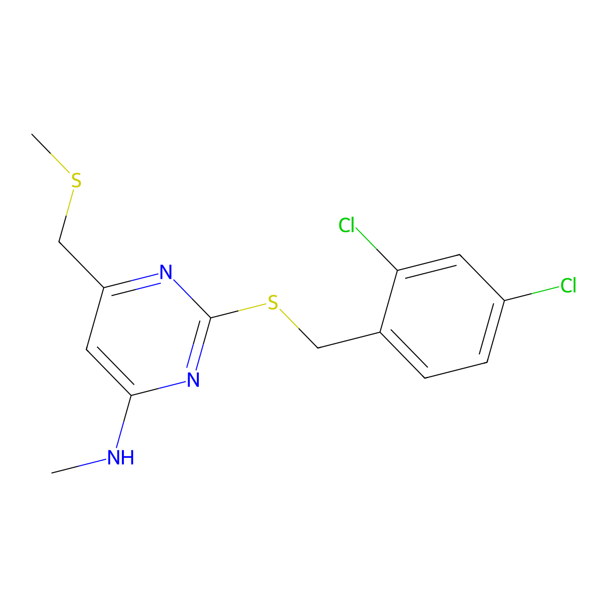 2-[(2,4-dichlorobenzyl)sulfanyl]-N-methyl-6-[(methylsulfanyl)methyl]-4-pyrimidinamine molecular structure, CAS 341965-70-6