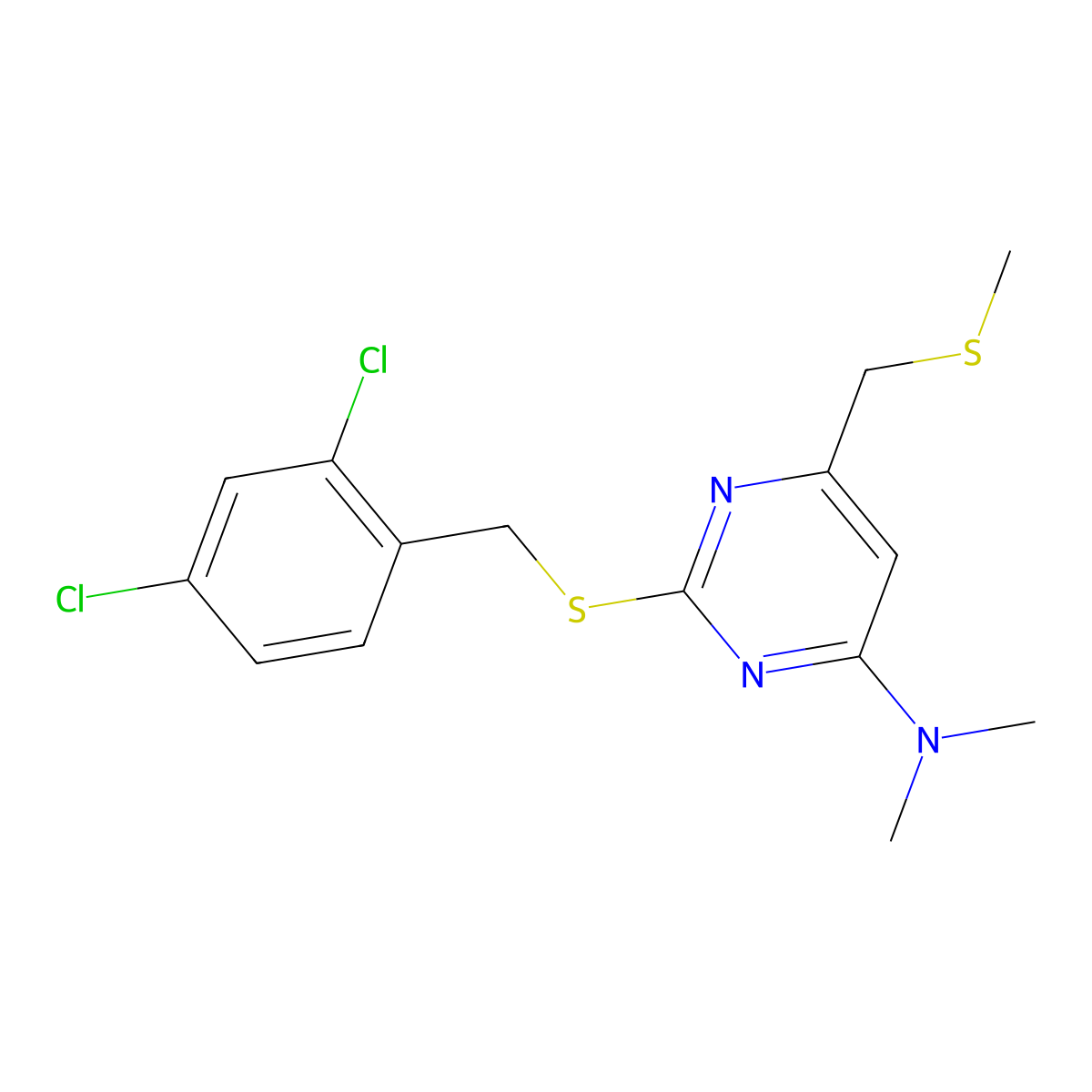 2-[(2,4-dichlorobenzyl)sulfanyl]-N,N-dimethyl-6-[(methylsulfanyl)methyl]-4-pyrimidinamine molecular structure, CAS 341965-71-7