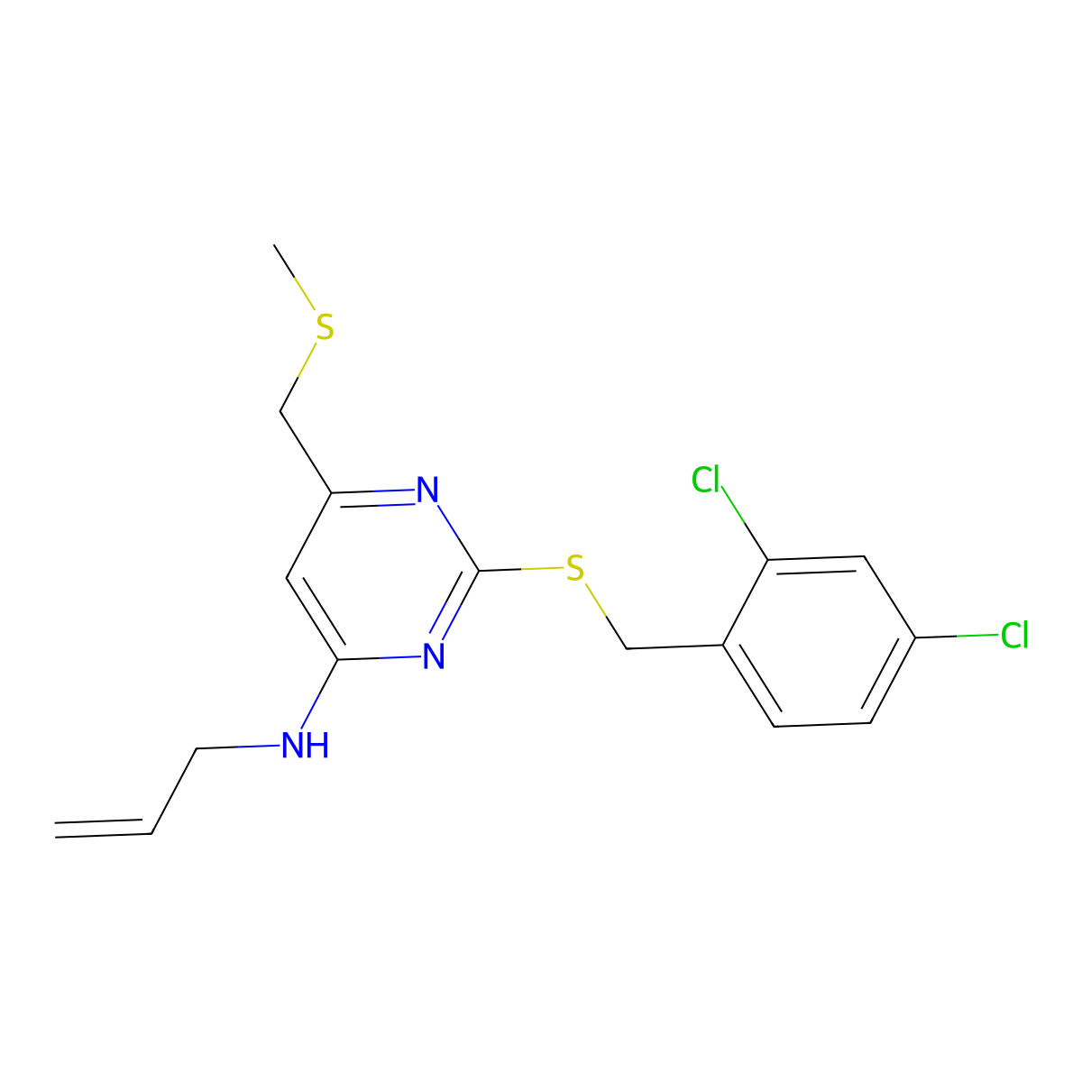 N-allyl-2-[(2,4-dichlorobenzyl)sulfanyl]-6-[(methylsulfanyl)methyl]-4-pyrimidinamine molecular structure, CAS 341965-73-9