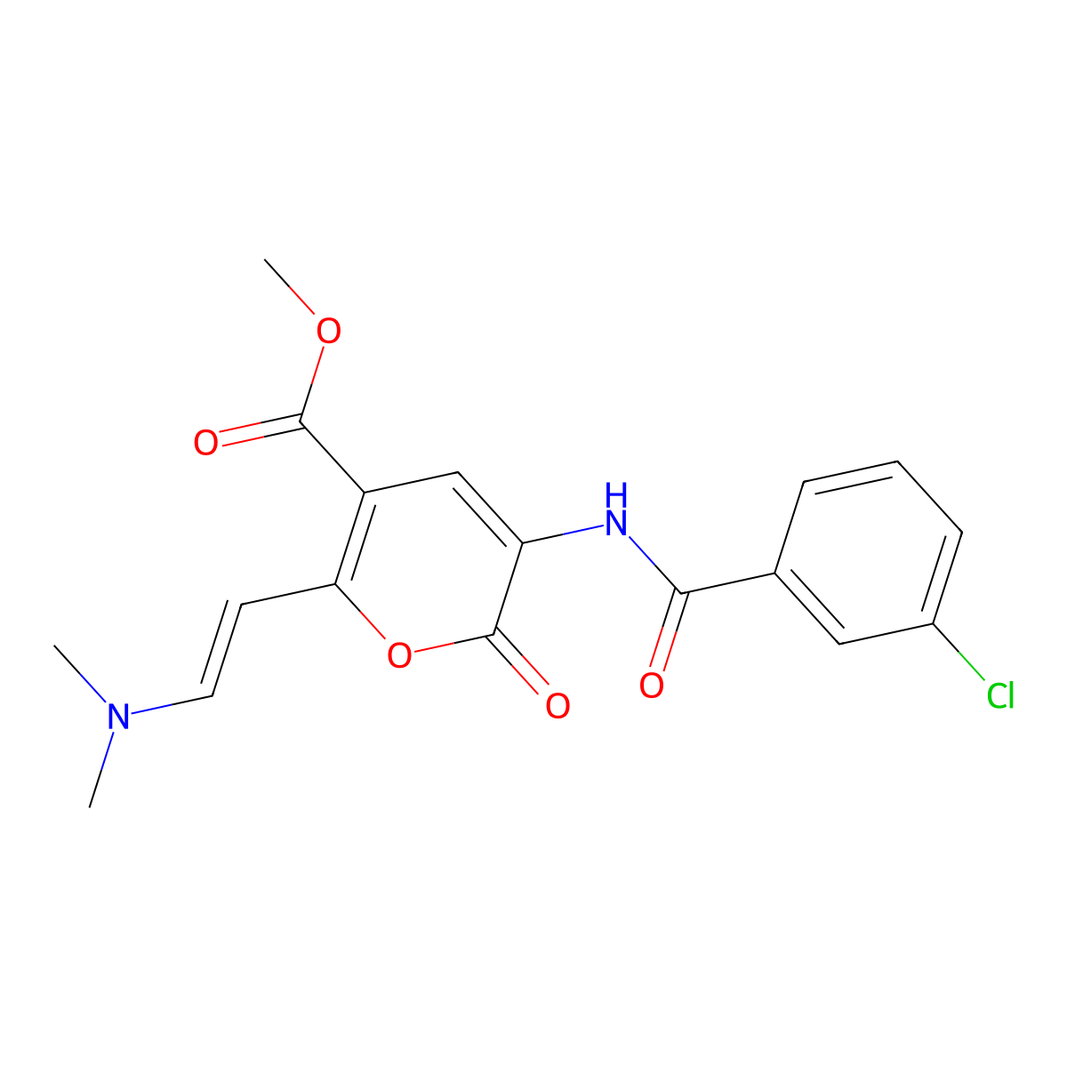 methyl 3-[(3-chlorobenzoyl)amino]-6-[(E)-2-(dimethylamino)ethenyl]-2-oxo-2H-pyran-5-carboxylate molecular structure, CAS 341966-05-0